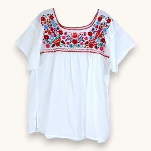Handmade Embroidered Mexican Peasant Blouse White Floral Boho Top L/XL